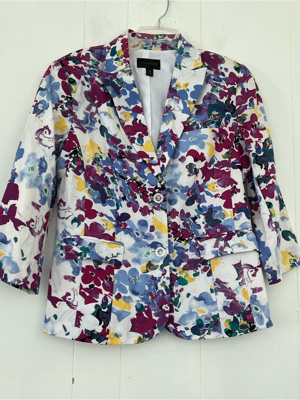 Investments Colorful Floral 100% Blazer Jacket 3/4 Sleeved Size 14